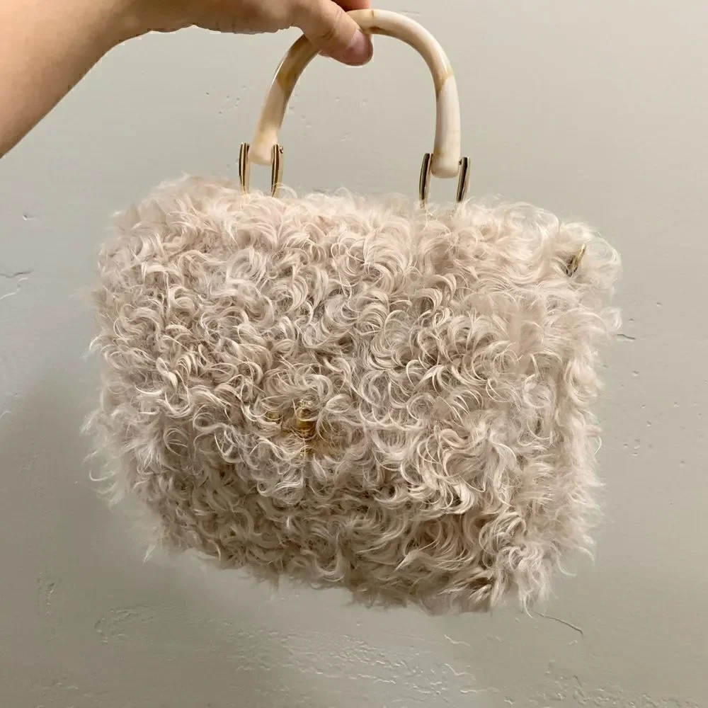 Beige Genuine Curly Shearling Top Handle & Fold Over Flap Purse, Crossbody